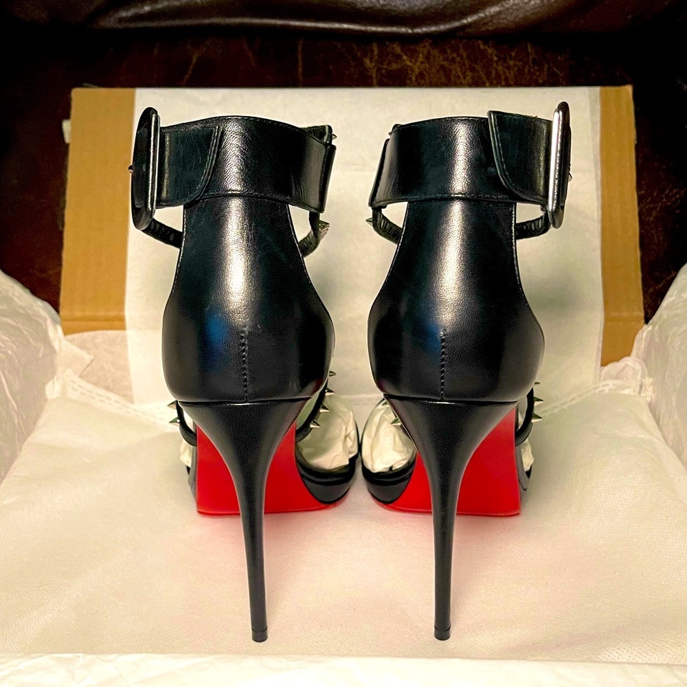 Christian Louboutin ChocaLux 100 spike Napa blk leather stiletto sandals EU 38.5 - Picture 5 of 11